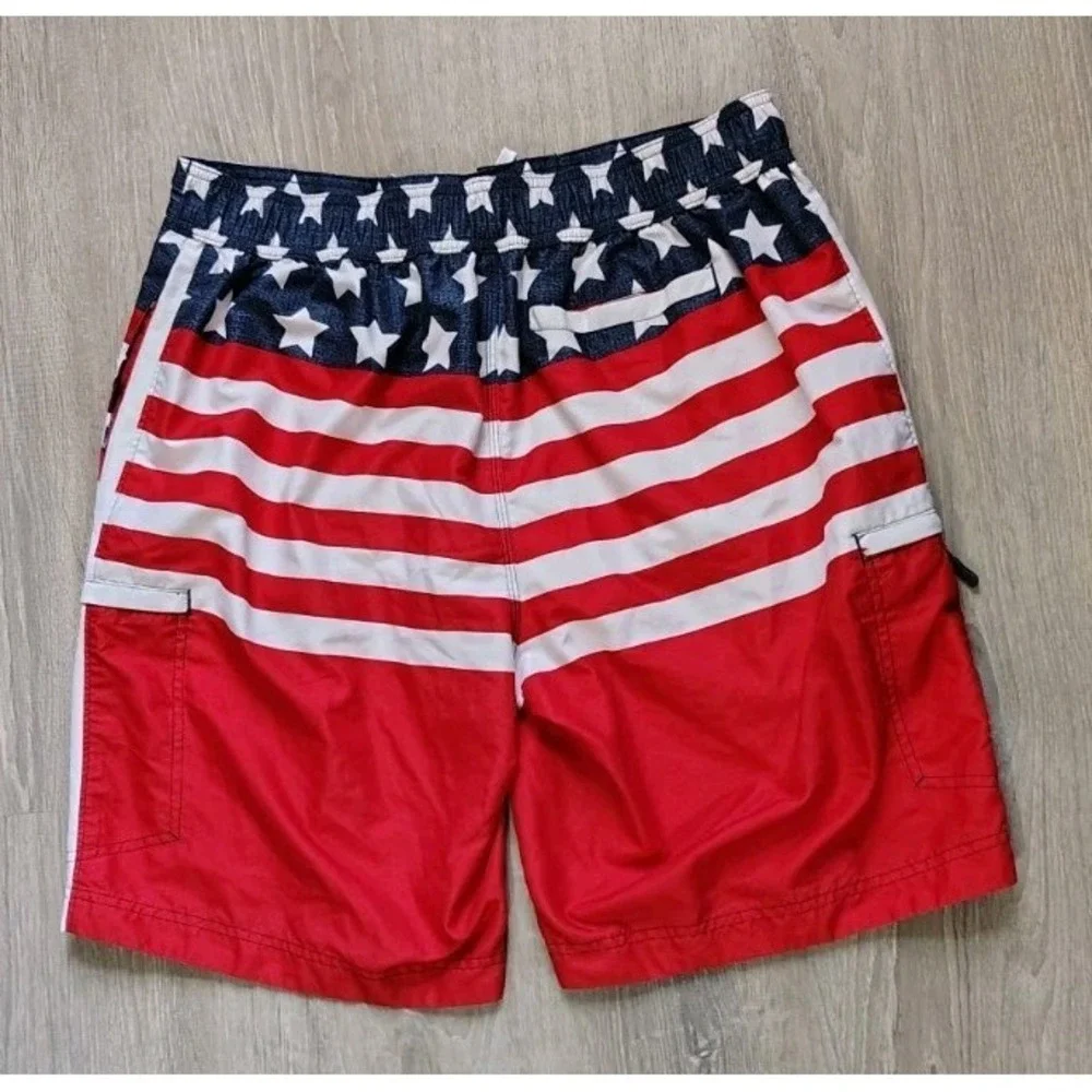 USA Red White and Blue‎ Wave Zone Lined Swim Trunks Shorts Mens Size L